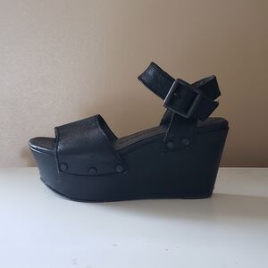 Calvin Klein Black Leather Block Wedge Sandals *